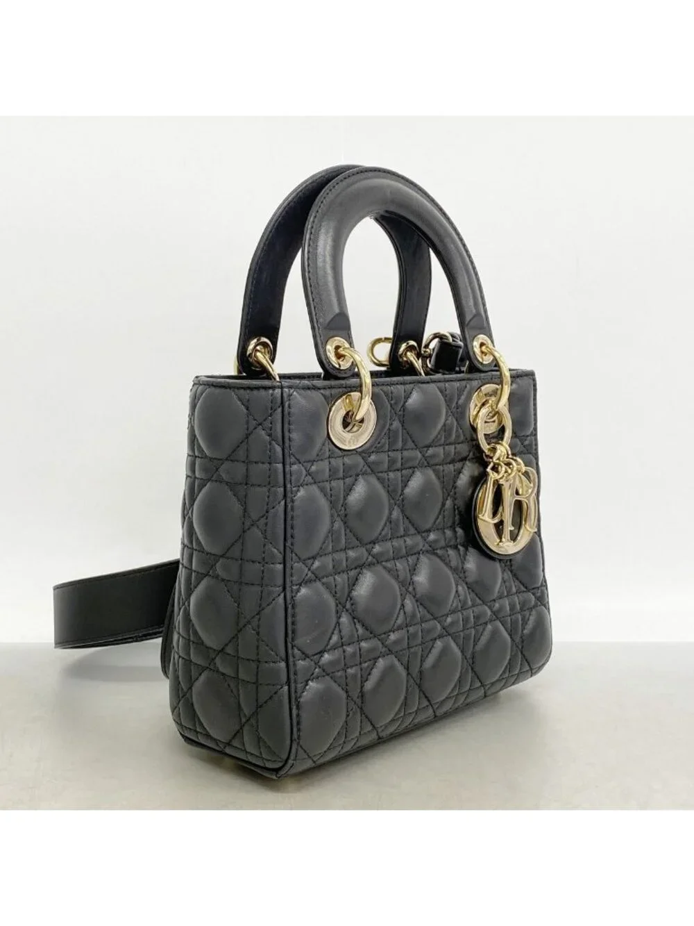 Dior Handbag Cannage Lady Leather Black Champagne Gold 2-Way Bag